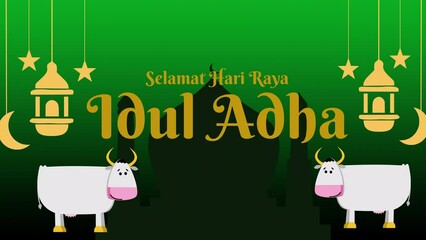 Selamat Hari Raya Idul Adha Meaning : Happy Eid Mubarak. Happy Eid Al Adha Animation Text with cow, background mocque. Suitables for Happy Eid Greeting Card or Islamic Celebrations.