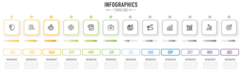 Rectangular timeline infographic template or element with 12 step, process, option, colorful rectangle, square, bar, button, minimal style for sale slide, flowchart, workflow, planner, agenda schedule
