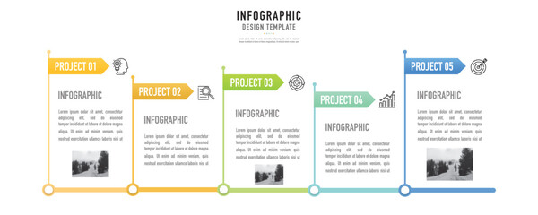 Milestone infographic template or element with 5 project, step, process, option, colorful flag, bar, arrow, label, tag, minimal style for sale slide, agenda, workflow, flowchart, history, biography