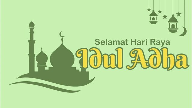 Selamat Hari Raya Idul Adha Meaning : Happy Eid Mubarak. Happy Eid Al Adha Animation Text  background mocque. Suitables for Happy Eid Greeting Card or Islamic Celebrations.