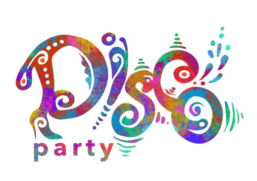 disco party, multicolored word made with grunge effect, digital painting illustration, logo and graphic design