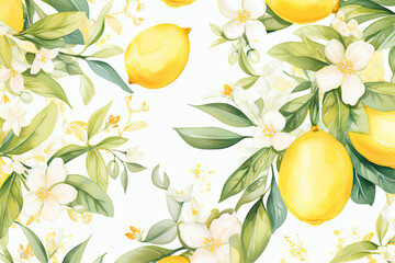 Watercolor Illustration of Lemons with Floral. Generative AI.