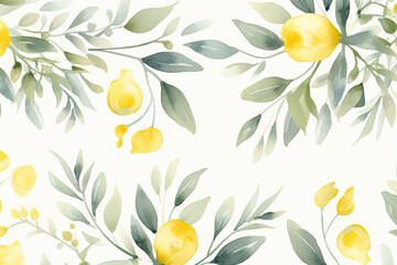 Watercolor Illustration of Lemons with Floral. Generative AI.