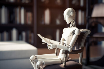 Artificial intelligence android robot reading a book. 