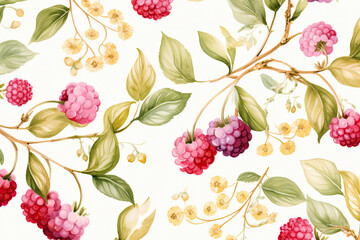 Watercolor Illustration of Cherry with Floral. Generative AI.