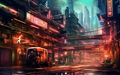 Fototapeta na wymiar Futuristic cityscape with mechanical and organic elements. Edgy urban style. Chaos, decay, intense neon lighting. Eclectic color palette.