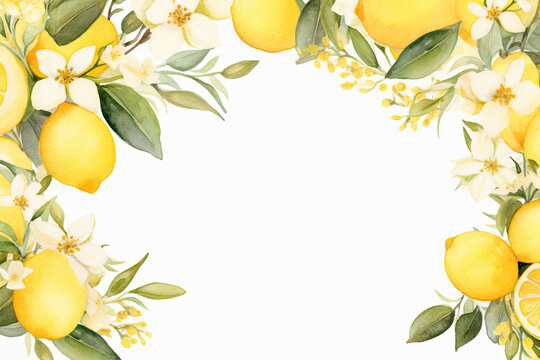 Watercolor Illustration of Lemon with Floral. Generative AI.