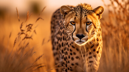 close-up shot of a majestic lion in its natural habitat, golden hour