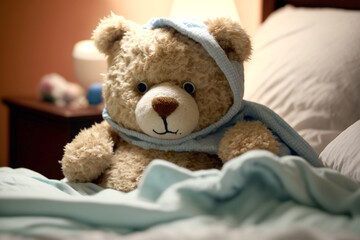Teddy bear feeling sick and laying in bed. Generative AI