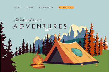 Camping website camp travel landing page - obrazy, fototapety, plakaty
