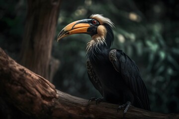 Obraz premium Photo a Hornbill Bird on Woodenbranch. Created with Generative AI Technology