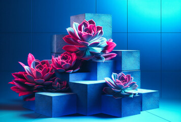 succulents on polygonal blocks with blue background on a blue background