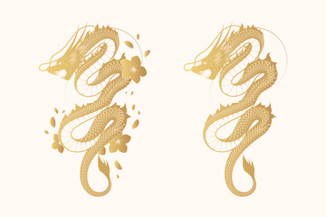 Golden mythology dragon with flowers and brushstroke. Japanese hand drawn vector illustration isolated on white background  for greeting card and poster.