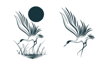 Fototapeta na wymiar Crane in the reeds under the sun. Japanese hand drawn vector illustration isolated on white for greeting cards, tattoos and posters.