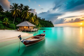 Naklejka na ściany i meble Maldives with small cottages on river