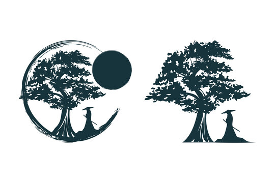 Samurai standing with a sword under a tree at sunset. Japanese vector illustration isolated on white for shirts, tattoo, brochures, posters and bags.