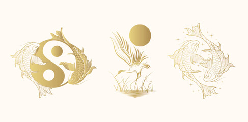 Golden crane in the reeds under the sun and celestial koi fish,  symbol of harmony and balance . Three japanese hand drawn vector illustrations isolated on white for greeting cards and posters.