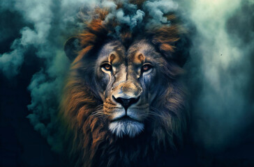 the face of a large lion is depicted in smoke and cloudy surroundings on black