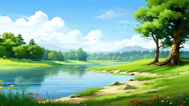 a calm peaceful place on earth a at a lake, anime artstyle, ai generated image