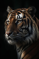 Fototapeta premium Portrait of Sumatran Tiger Dramatic and Cinematic Lighting Photography, Generative AI