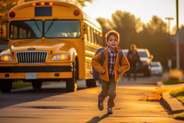 Happy Student Embarks on School Bus Adventure. Generative AI