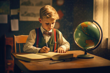 Focused young boy engrossed in writing on his chalkboard. Generative AI