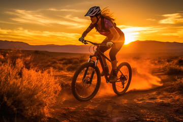 Naklejka na ściany i meble Captivating sunset ride with a fearless female mountain biker. Generative AI