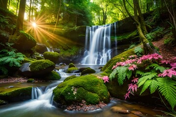 waterfall in the forest Generated by ai - obrazy, fototapety, plakaty