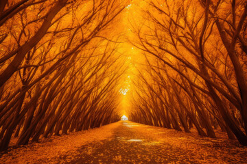 Autumn's Golden Tunnel: Nature's Inviting Pathway. Generative AI