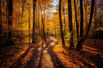 Golden Pathway amidst Vibrant Autumn Leaves. Generative AI