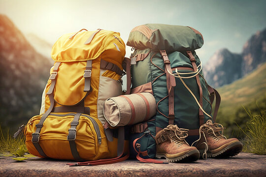 travel bags in front of a camping tent  hiking gear. Generative AI