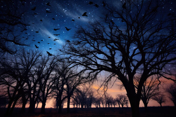 Naklejka premium A Bat Swarm Takes Flight under a Starlit Canopy. Generative AI