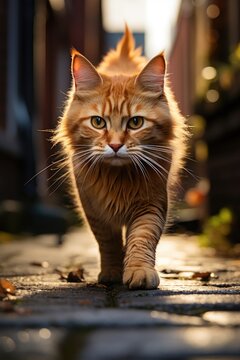 tabby cat walking in the streets - closeup photo created using generative Ai tools