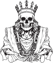 King skeleton, skull in a crown, vintage skeleton, black vector illustration on a white background, SVG