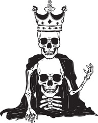 King skeleton, skull in a crown, vintage skeleton, black vector illustration on a white background, SVG