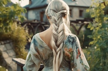 Long female blonde hair in braid, view from behind