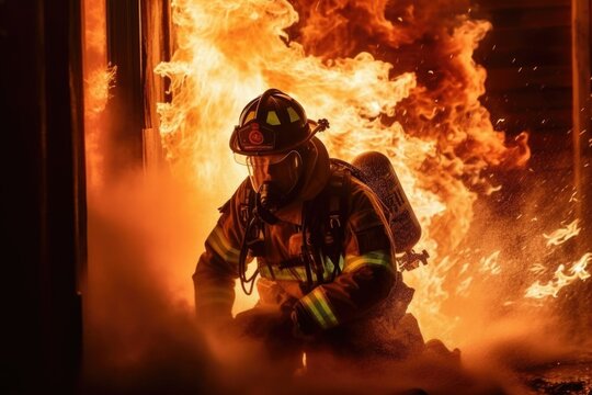 Firefighter Risking Life Putting Out a Fire