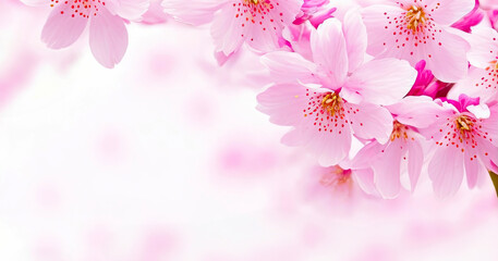 Cherry blossom background, Blurred pastel pink tone,  there is an area for text in the corners of the picture. Generative AI.