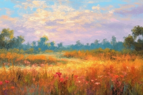 Oil painting on canvas impressionist style of field landscape with very soft pastel colors. AI generative