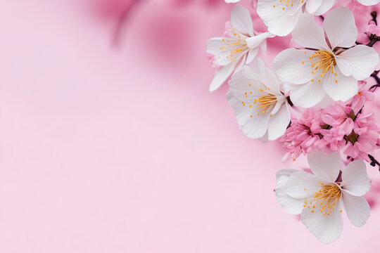 Cherry blossom background, Blurred pastel pink tone,  there is an area for text in the corners of the picture. Generative AI.