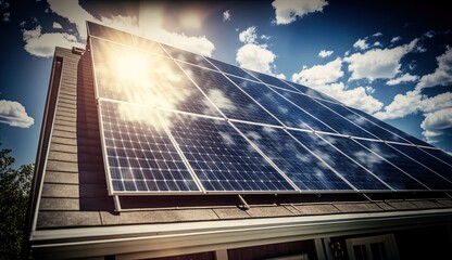 Fototapeta premium Family house with solar panels and sunrise solar energy system Sunset'