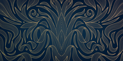 Vector art nouveau, art deco wavy flower pattern, ornament. Retro vintage floral motif, line golden luxury. Design for interior design, textile, texture, poster, package, wrappers, gifts.