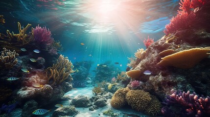 Obraz premium Underwater Scene With Coral Reef&nbsp;Underwater Blue Tropical Seabed With Reef And Sunbeam