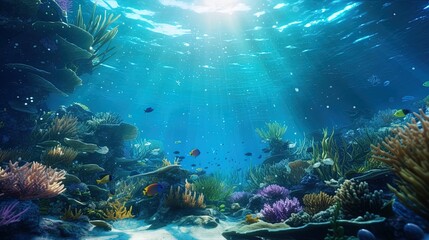 Naklejka na ściany i meble Underwater Scene With Coral Reef Underwater Blue Tropical Seabed With Reef And Sunbeam
