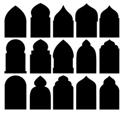 Arabic arch window black set isolated on white background. Silhouette of islamic bagde. Set of Islamic shape illustration. Vector illustration.