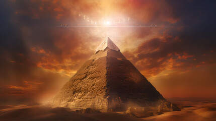Obraz na płótnie Canvas A majestic pyramid radiates an immense surge of azure energy from its core, piercing the heavens with its vibrant, celestial power.