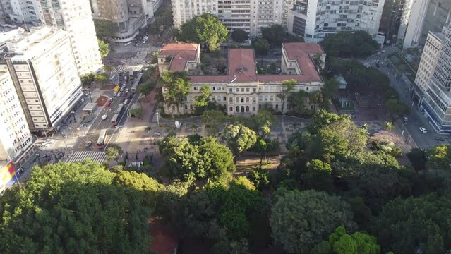 aerial view of downtown Sao Paulo Brazil, Pra&ccedil;a da Rep&uacute;blica, SESC 24 de Maio and Edificio Copan
