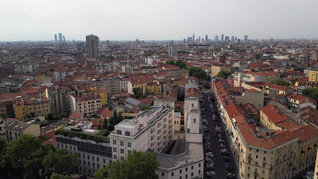 Europe, Italy, Milan Drone aeriel view of  skyline with modern skyscrapers from Milano Cortina 2026 Olympic Village - city landscape from Corso Lodi Porta Romana 