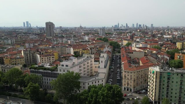 Europe, Italy, Milan Drone aeriel view of  skyline with modern skyscrapers from Milano Cortina 2026 Olympic Village - city landscape from Corso Lodi Porta Romana 
