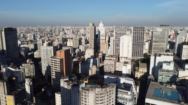 aerial view of downtown Sao Paulo Brazil, Pra&ccedil;a da Rep&uacute;blica, SESC 24 de Maio and Edificio Copan